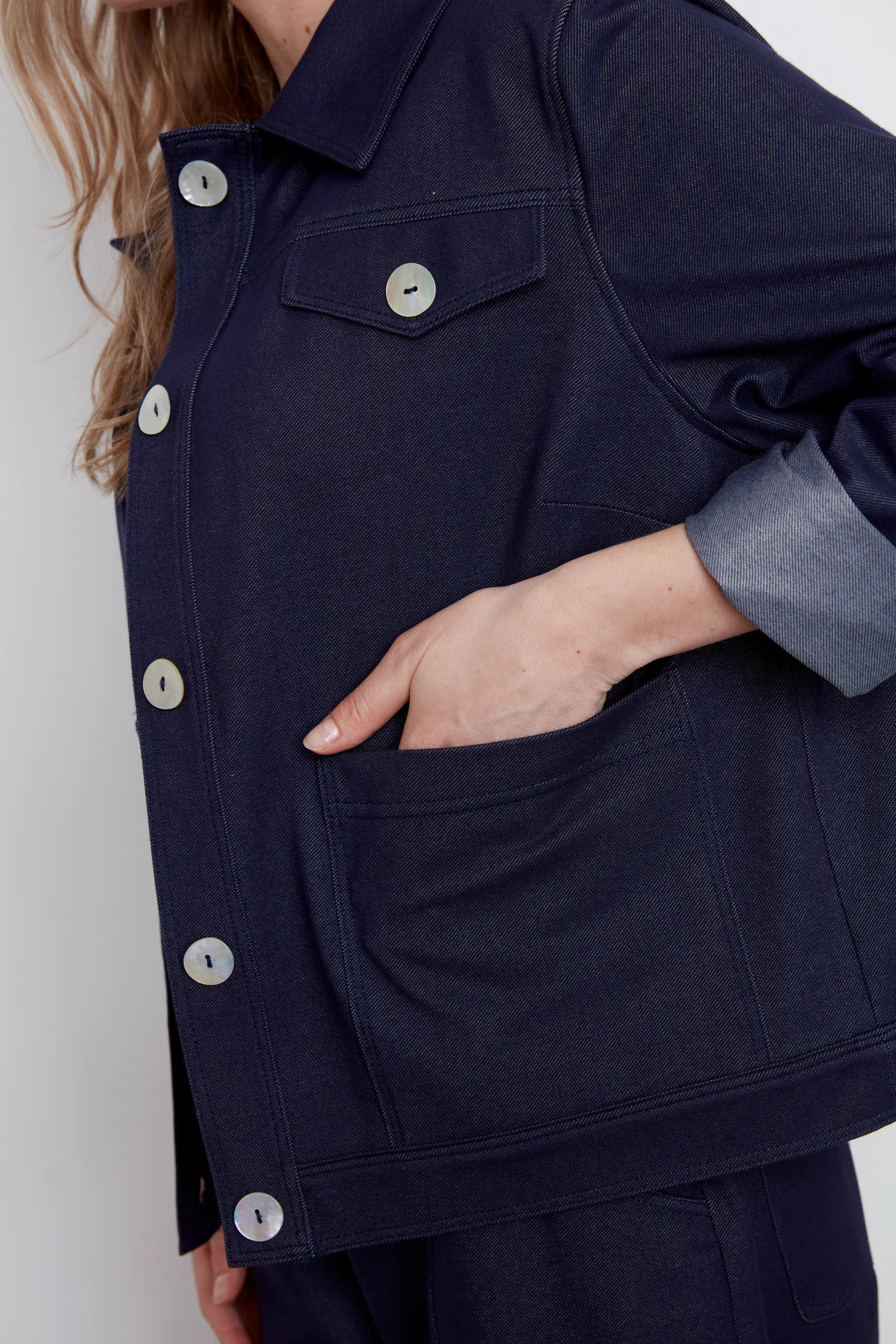 Close up detail of the Bella Knit Jacket by Julei, a denim style jacket