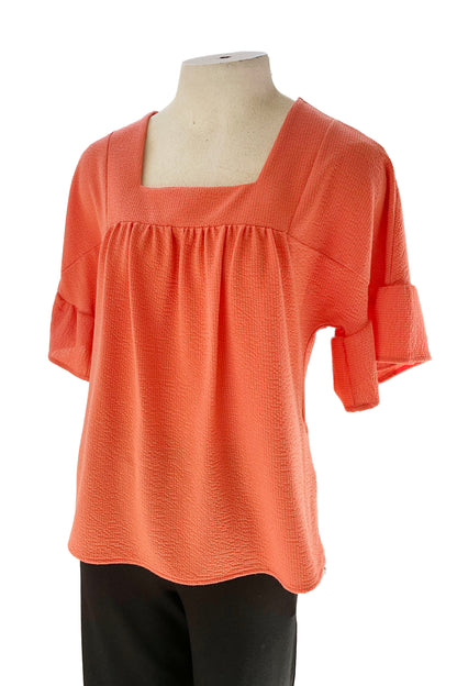 Calvin Top by Pure Essence, Coral, square neckline, gathers across the chest, loose elbow-length sleeves with ruffle detail, flows away from the body, rib-knit, sizes XS to XXL, made in Canada