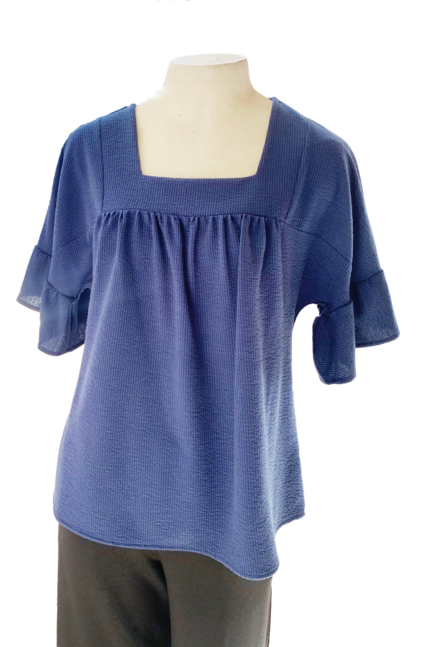 Calvin Top by Pure Essence, Navy, square neckline, gathers across the chest, loose elbow-length sleeves with ruffle detail, flows away from the body, rib-knit, sizes XS to XXL, made in Canada