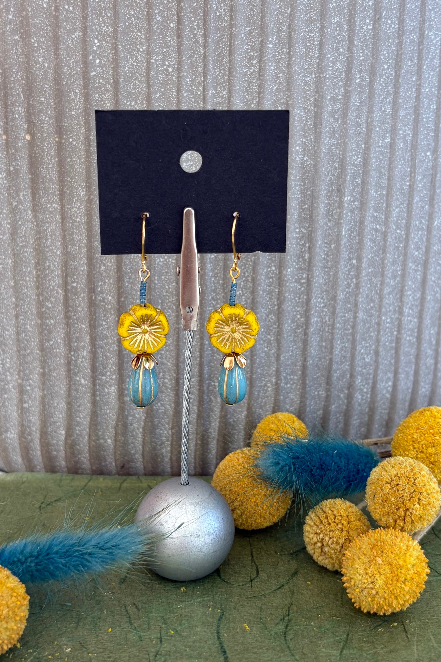 Beaded Czech Glass Earrings - Yellow Flower/Blue Teardrop