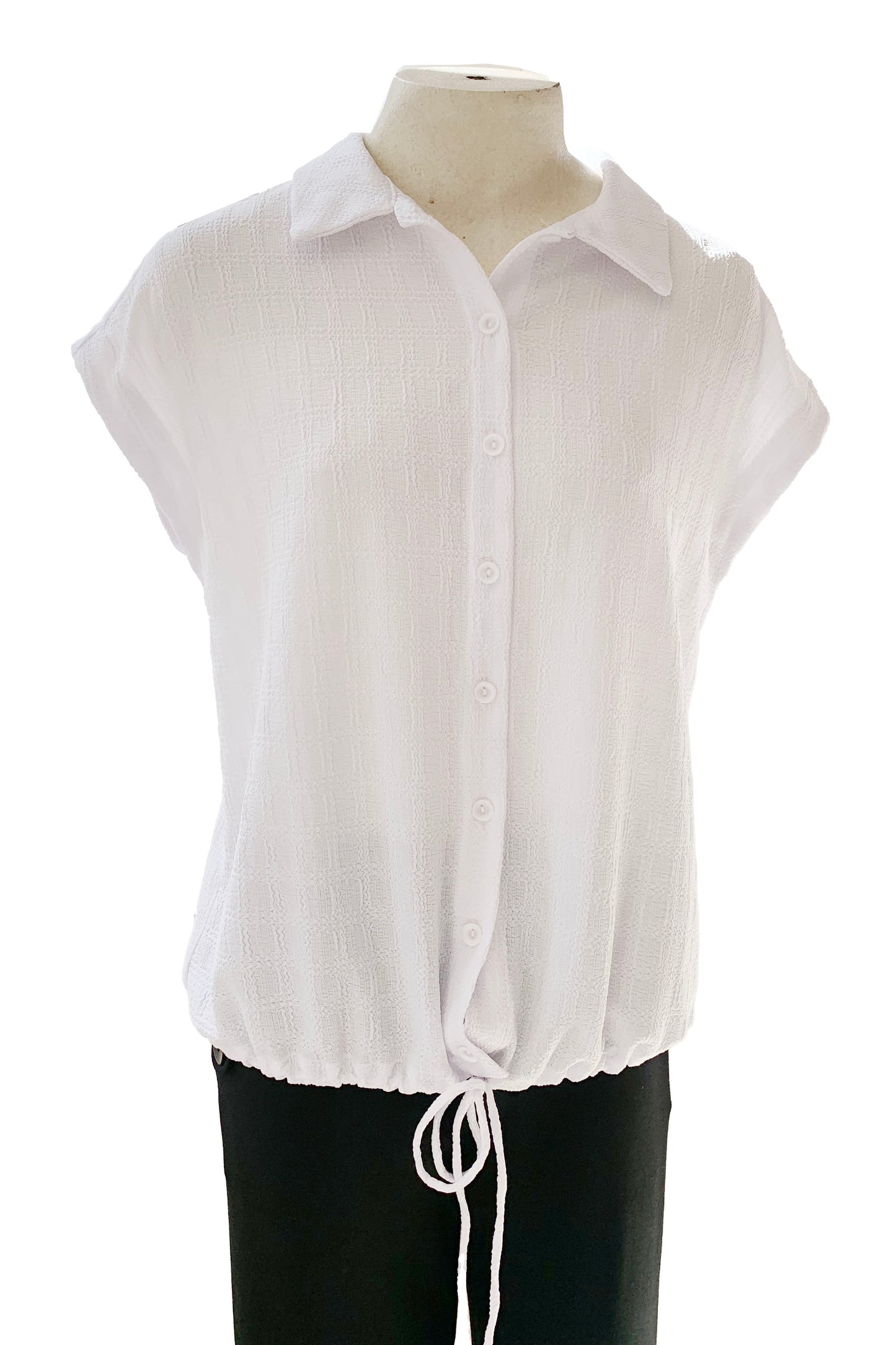 Candella Shirt by Pure Essence, White, classic collar, button front, short extended sleeves, drawstring waist, subtle checkered texture, sizes XS to XXL, made in Canada