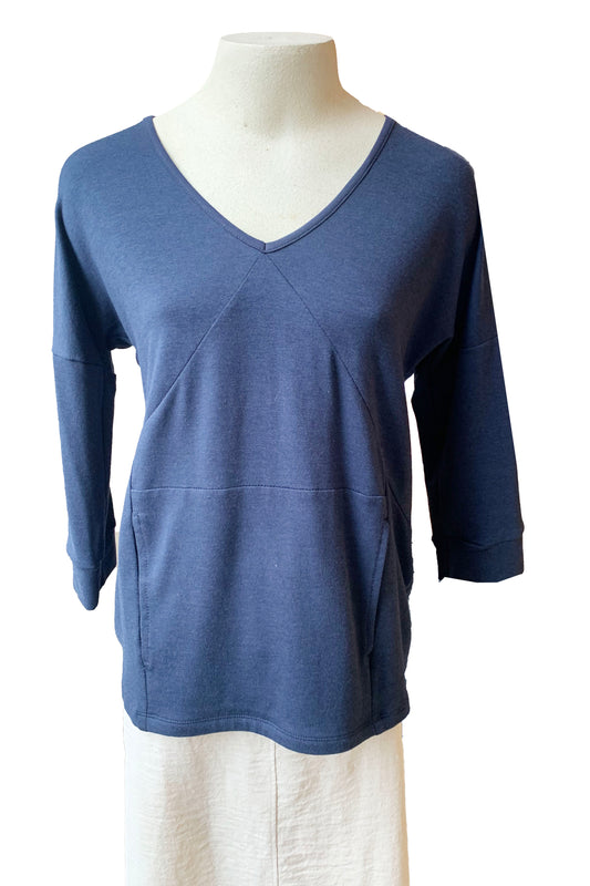 Carol Top by Pure Essence, Navy, v-neck, 3/4 sleeves, diagonal seams at the front, kangaroo pocket, eco friendly, bamboo and cotton, sizes XS to XXL, made in Canada