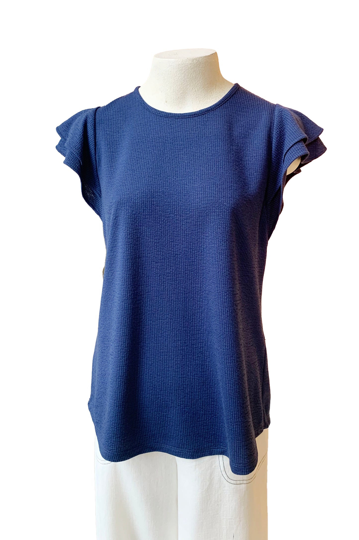 Casper Top by Pure Essence, Navy, ruffles at shoulders, short sleeves, round neck, slightly fitted shape, sizes XS to XXL, made in Canada