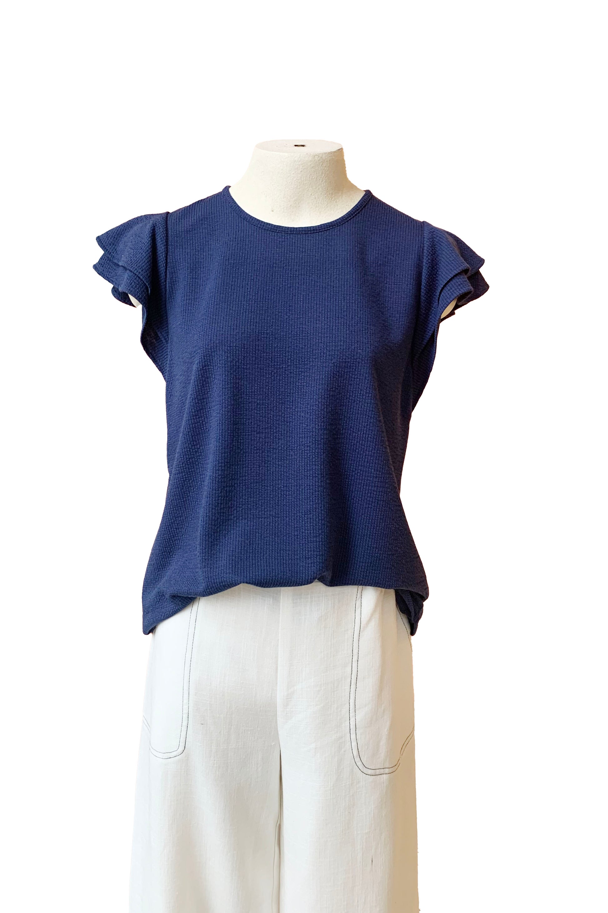 Casper Top by Pure Essence, Navy, ruffles at shoulders, short sleeves, round neck, slightly fitted shape, sizes XS to XXL, made in Canada