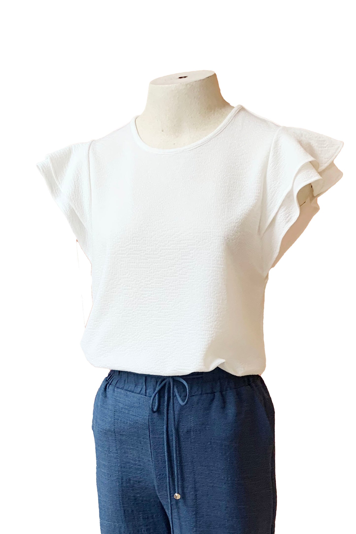 Casper Top by Pure Essence, Ivory, ruffles at shoulders, short sleeves, round neck, slightly fitted shape, sizes XS to XXL, made in Canada