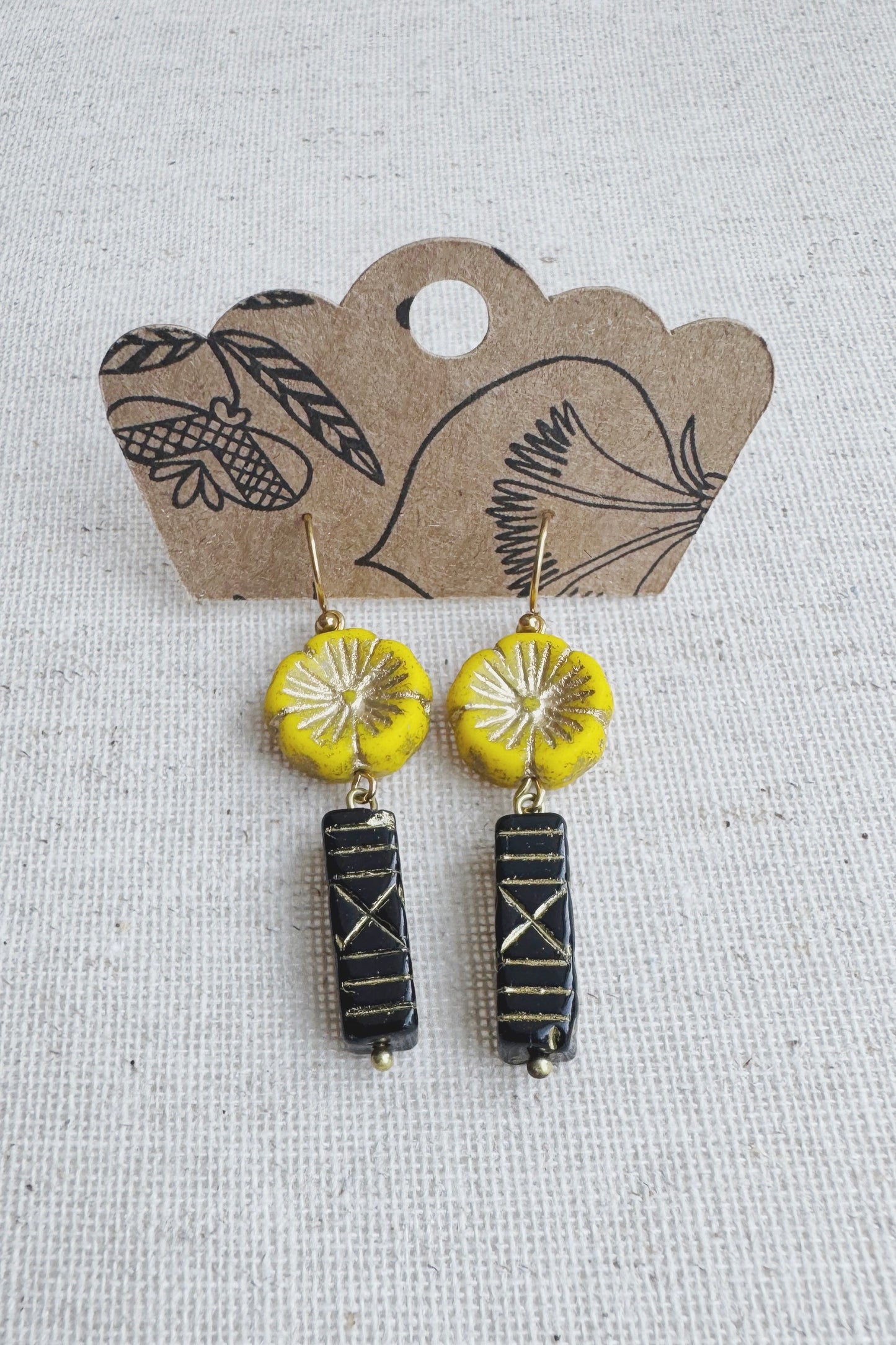 Beaded Czech Glass Earrings - Yellow Flowe/ Black Column