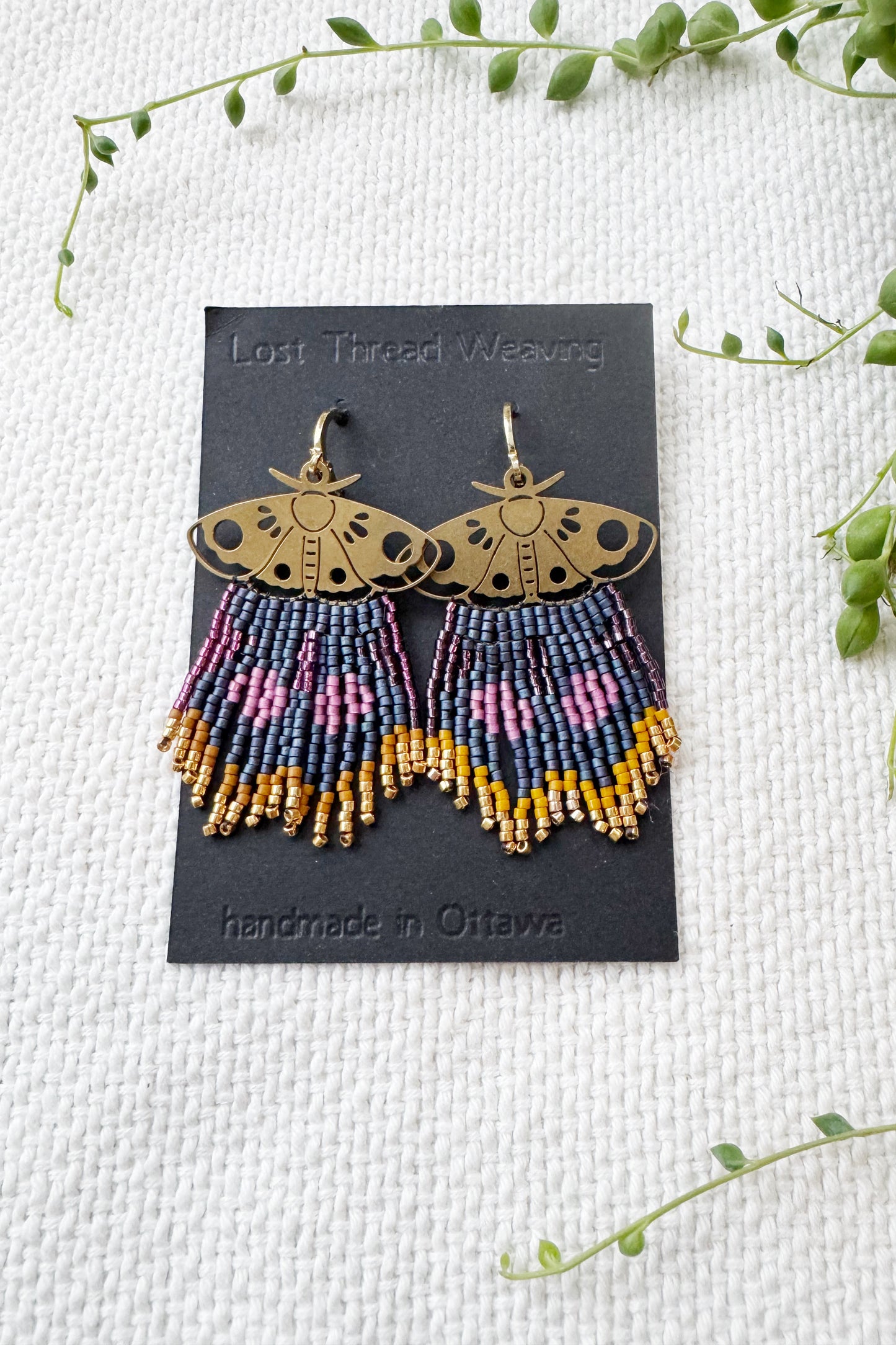 Moth beaded fringe earrings