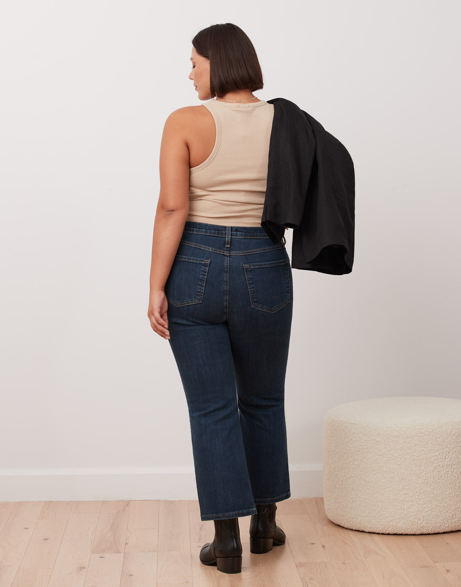 Ninja - ALEX High Rise Bootcut Jeans by Yoga Jeans, back view, dark blue, button fly, high rise, bootcut leg, cropped, 26-inch inseam, sizes 26-33, made in Canada