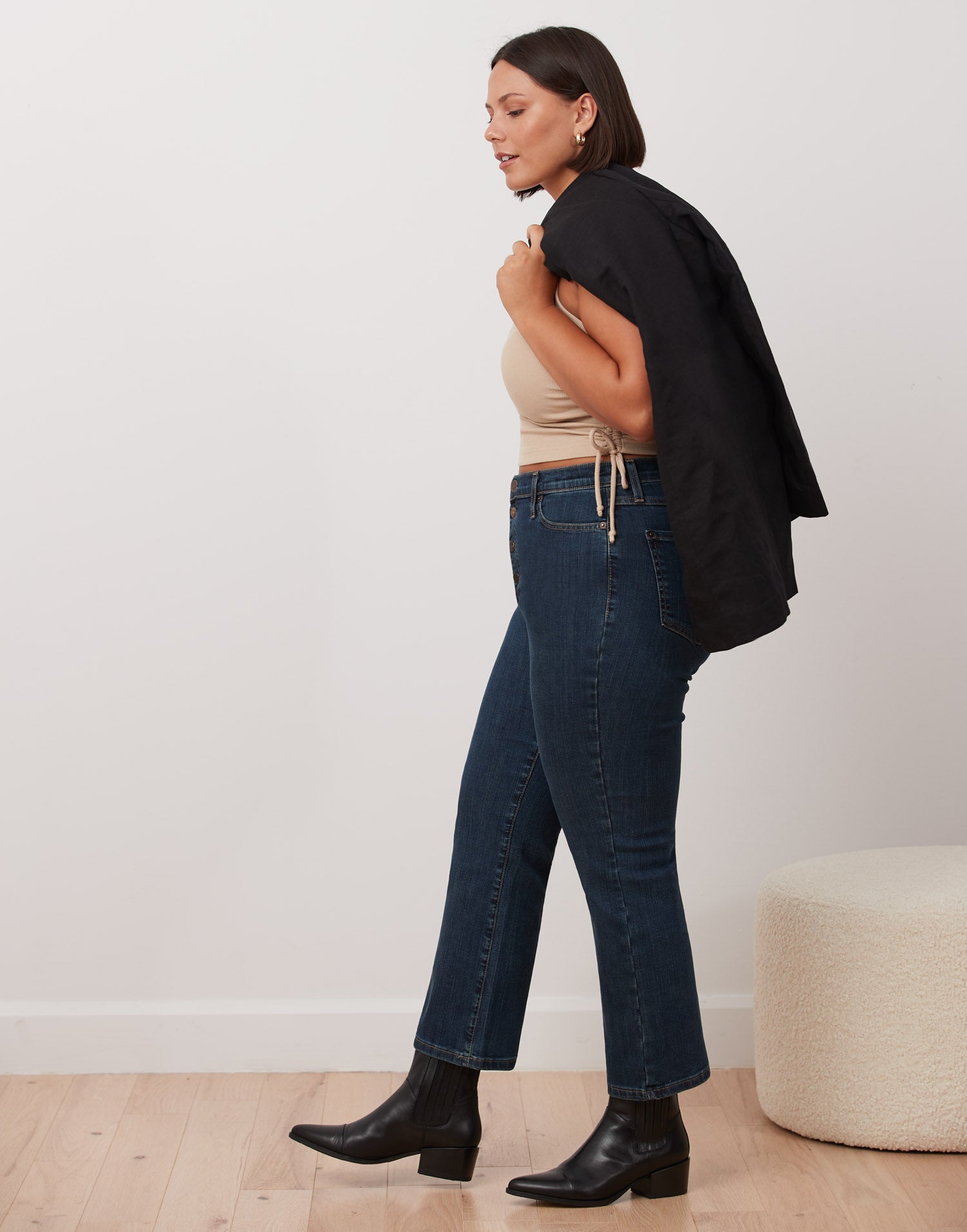 Ninja - ALEX High Rise Bootcut Jeans by Yoga Jeans, side view, dark blue, button fly, high rise, bootcut leg, cropped, 26-inch inseam, sizes 26-33, made in Canada