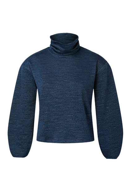 The Nathalie Top by Melow in Navy, a relaxed fitting turtleneck with long barrel sleeves and a speckled texture, is shown against a white background. 