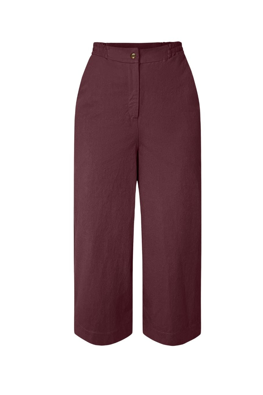 The Nigel Pants by Melow in Merlot, wide legged cropped pants with a high waist, elastic at the back, and button and zipper closure, are shown against a white background. .