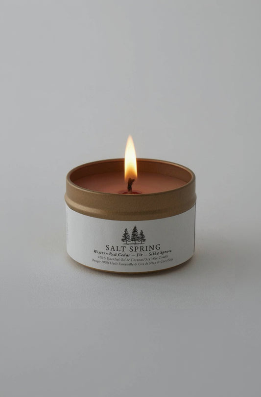 6oz Candle Tin- SALT SPRING-W. Red Cedar- Fir -Sitka Spruce