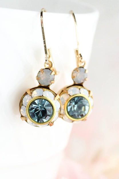 Art Deco Floral Earrings | White Opal & Dusty Blue Sapphire