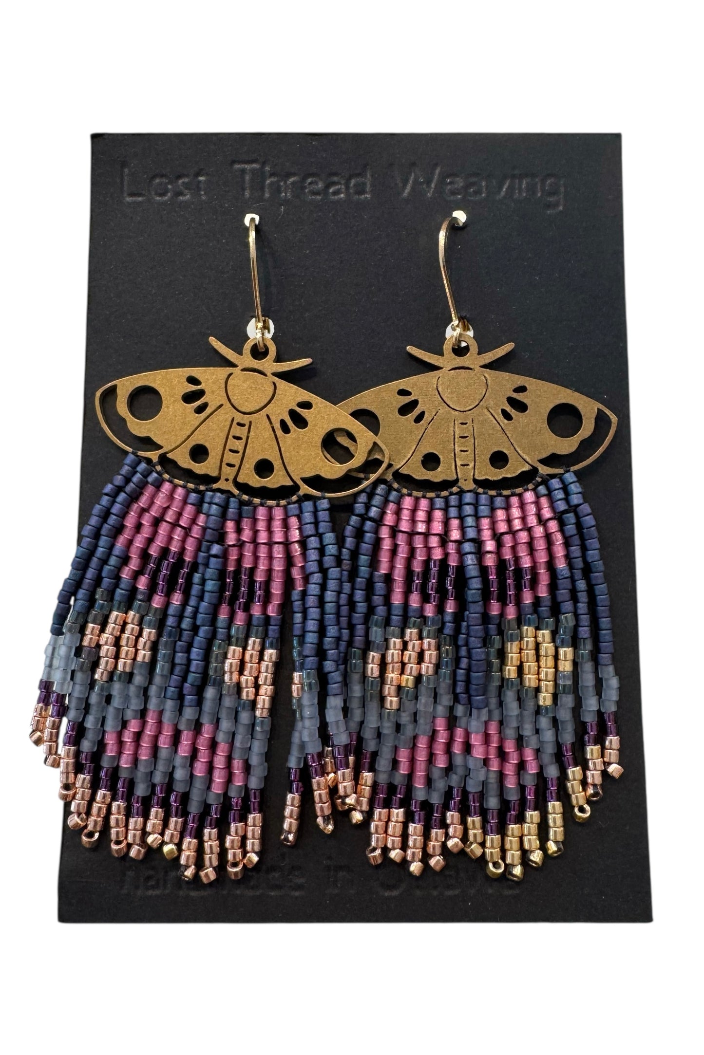 Moth beaded fringe earrings