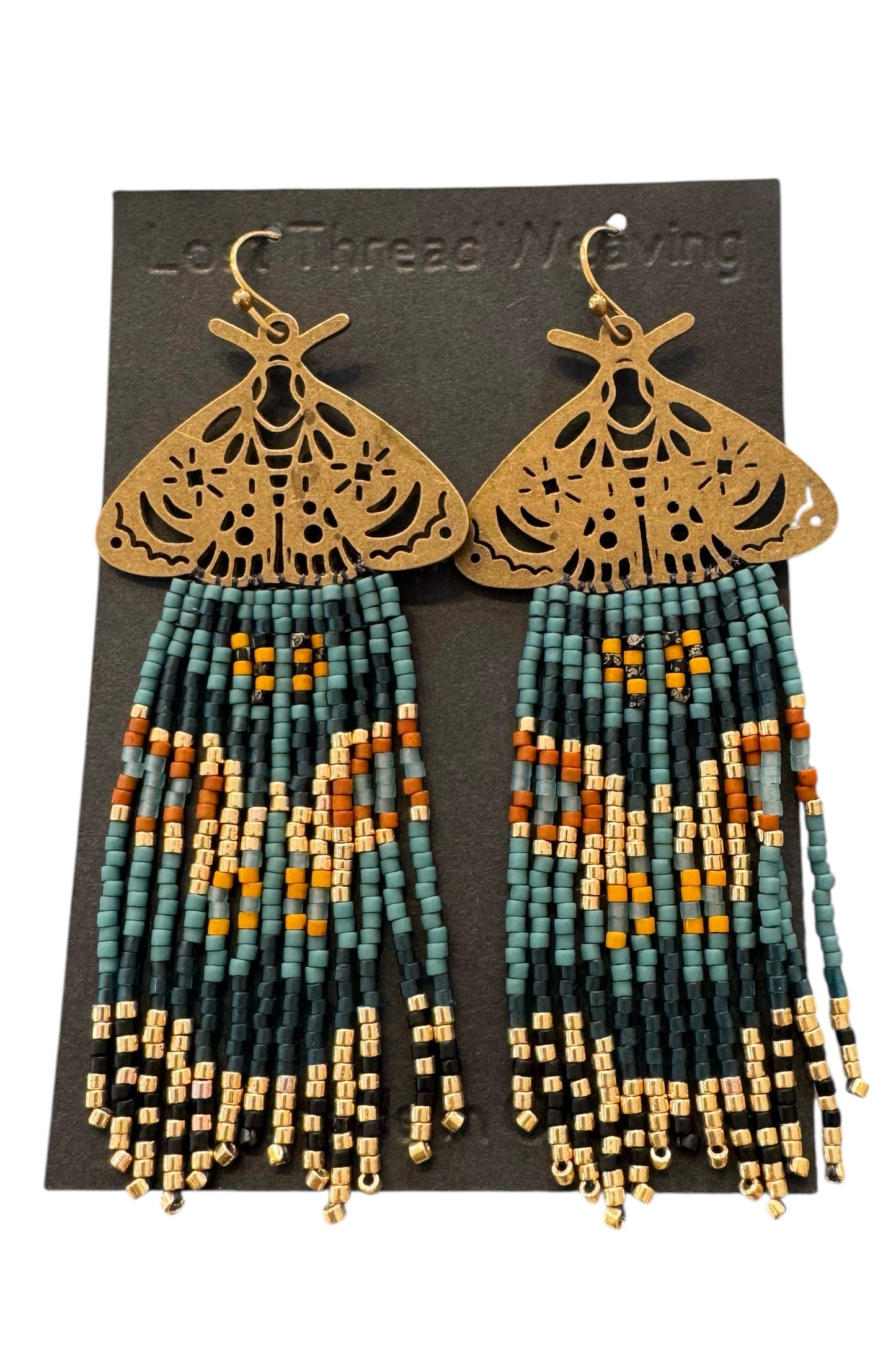 Moth beaded fringe earrings