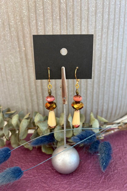 Beaded Czech Glass Earrings - Cream/Gold/Pink