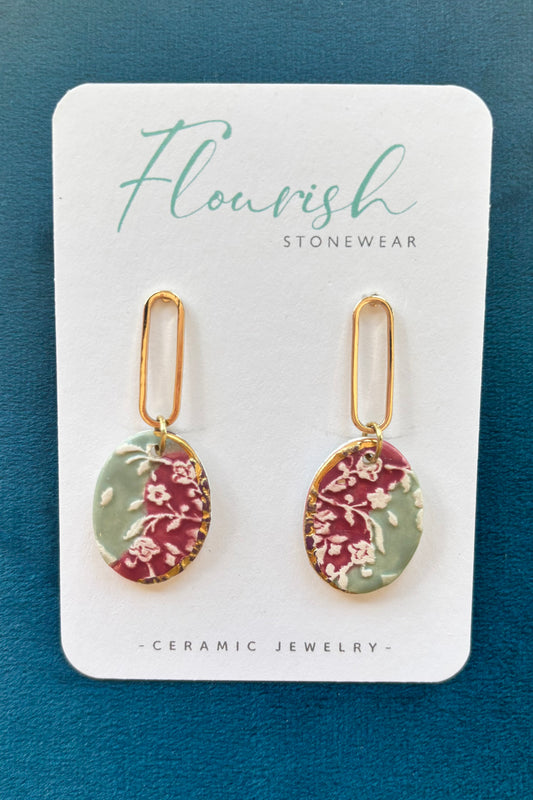 Oval Split Engraved Ceramic Earrings