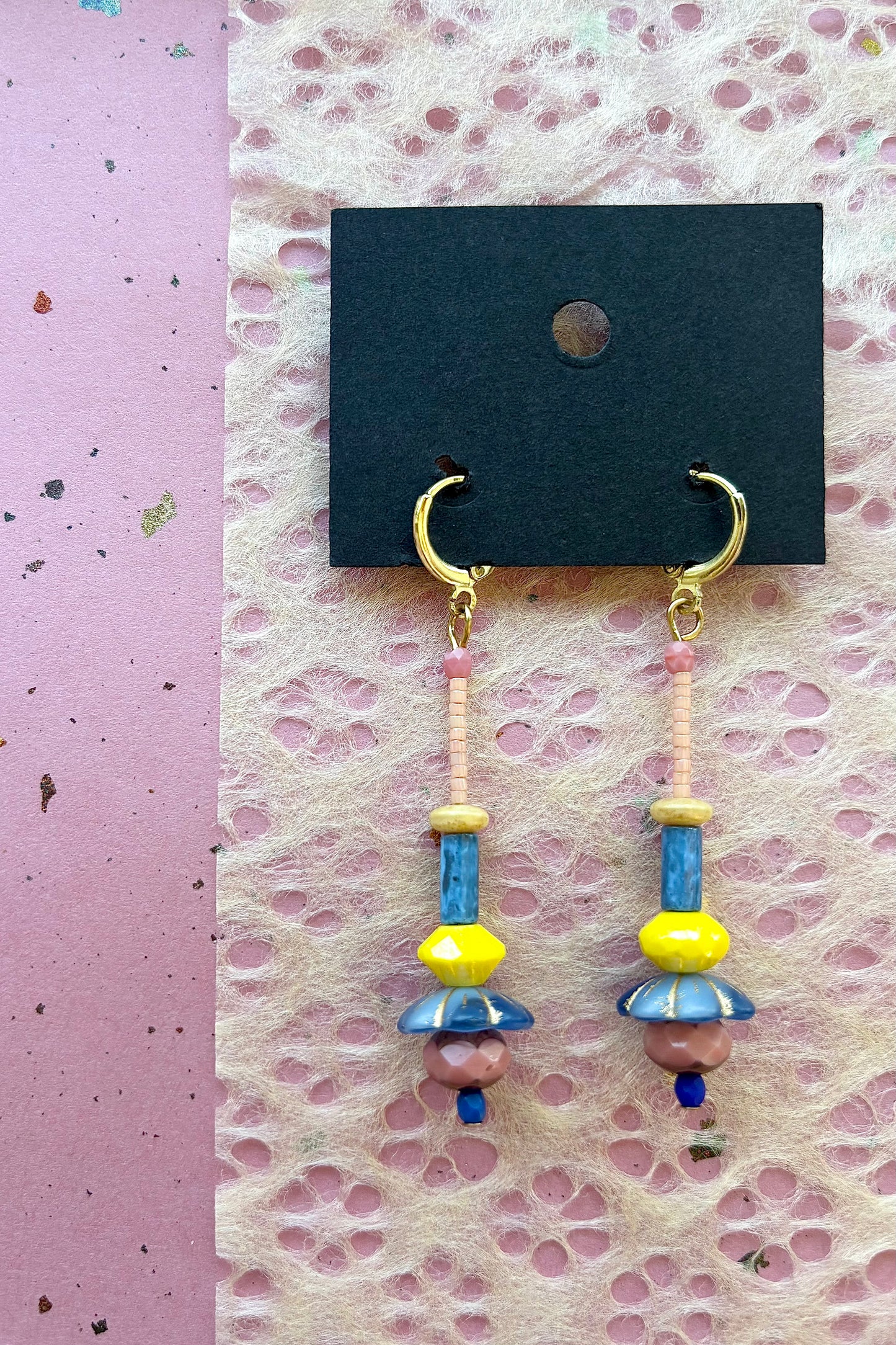 Beaded Czech Glass Earrings - Pink/Yellow/Blue Dangle
