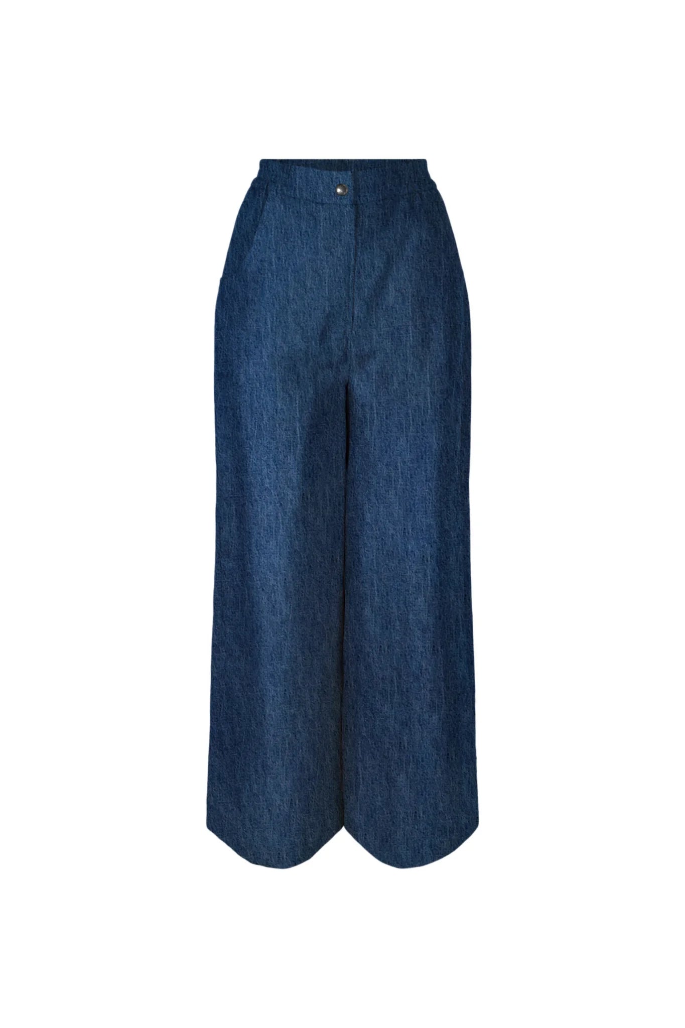 The Matisse Trousers by Melow, full length wide leg pants with a zipper front and a high waist with elastic at the back and side and back patch pockets, are shown against a white background. 