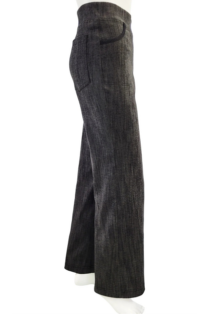 Side view of the Wade Vintage Denim Pants in Graphite by Mandala shown on a mannequin against a white background. 