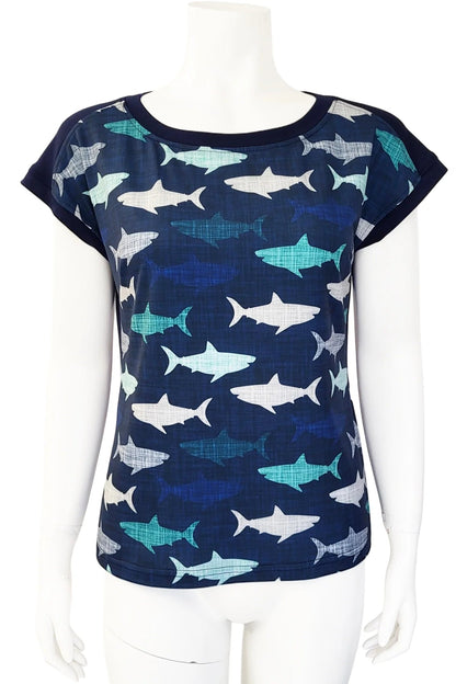 Mannequin wearing the Marina Deep Sea Tee from Mandala in Shark pattern, against a white background
