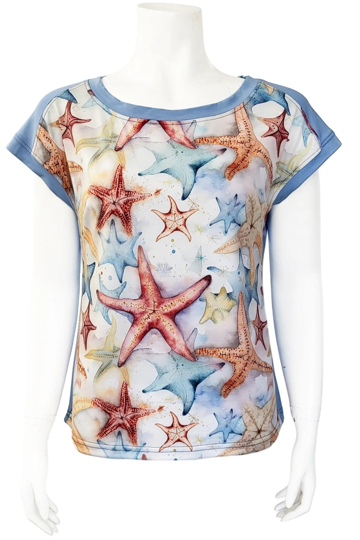 Mannequin wearing the Marina Deep Sea Tee from Mandala in Starfish pattern, against a white backgroundbackground