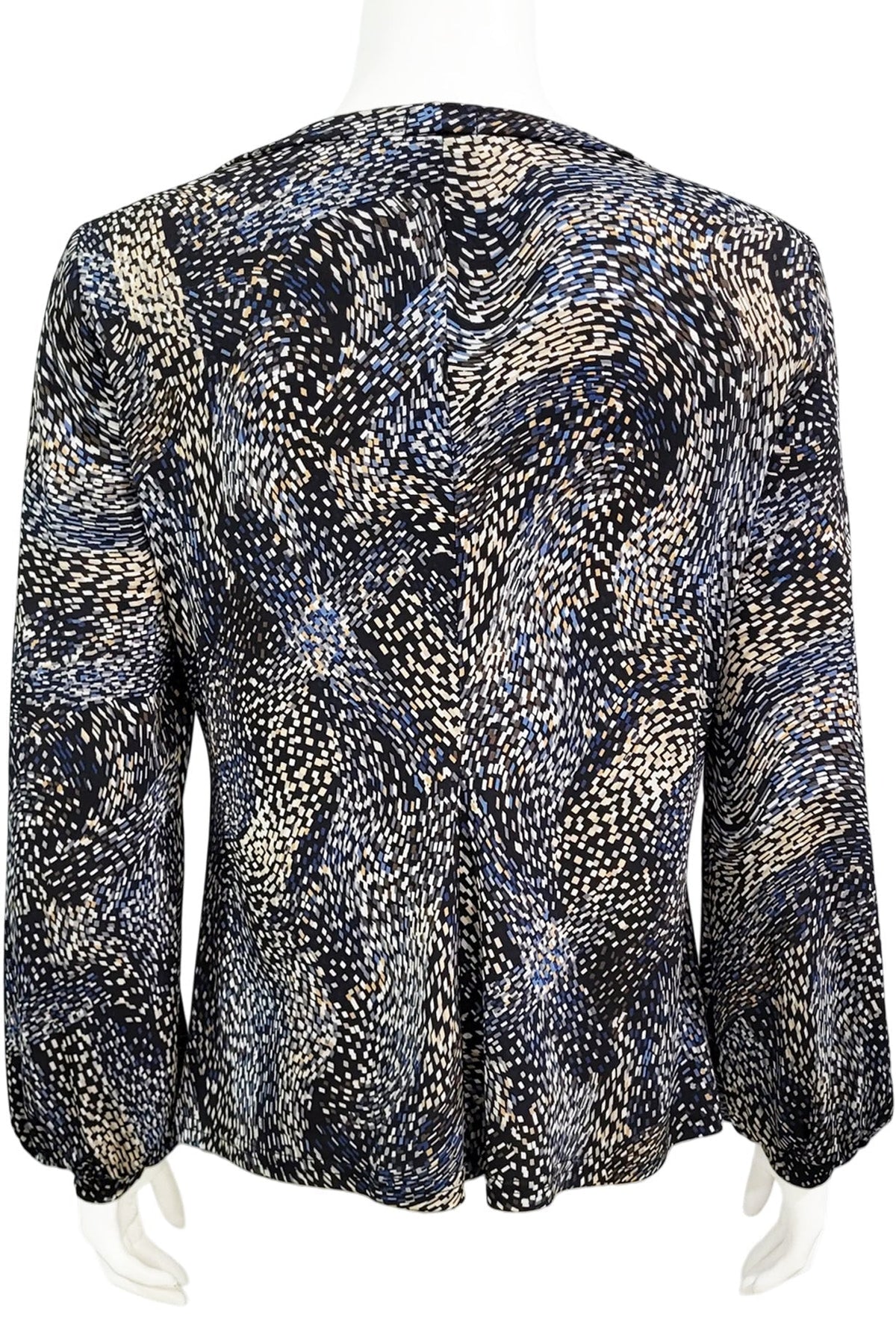 A back view of the Gwen Blouse by Mandala in Starry Night - Blue print is shown on a mannequin against a white background.