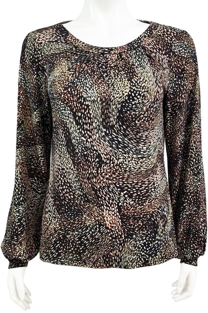 The Gwen Blouse by Mandala in Starry Night - Brown print is shown on a mannequin against a white background.