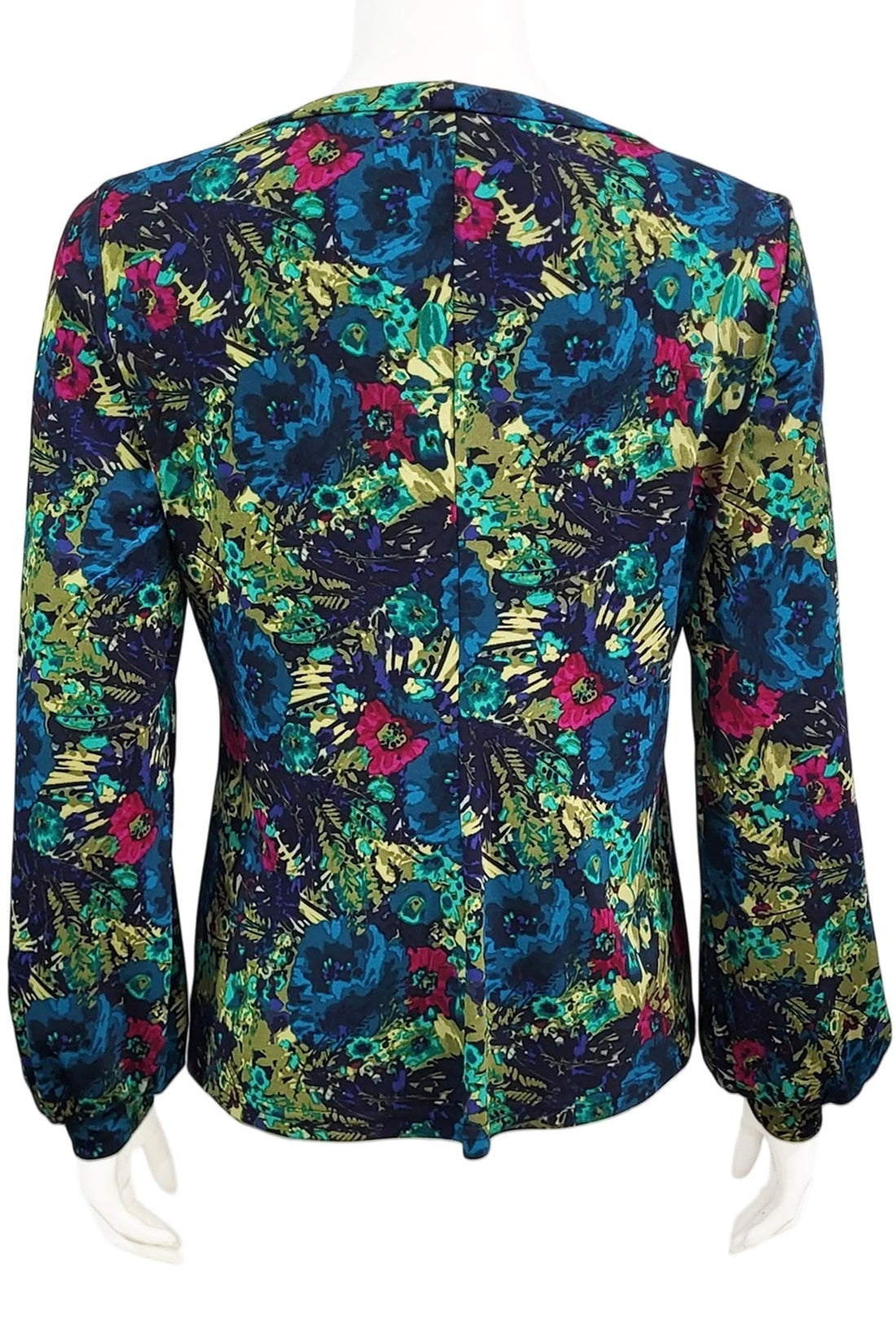 A back view of the Gwen Blouse by Mandala in Vintage Rose print is shown on a mannequin against a white background.