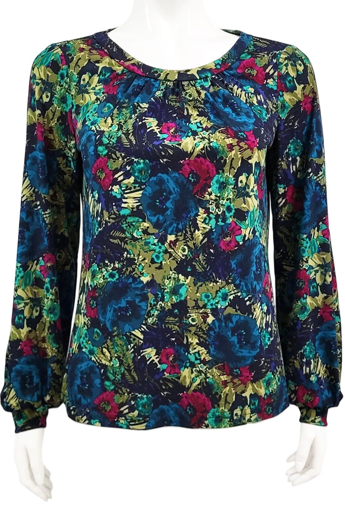 The Gwen Blouse by Mandala in Vintage Rose print is shown on a mannequin against a white background.