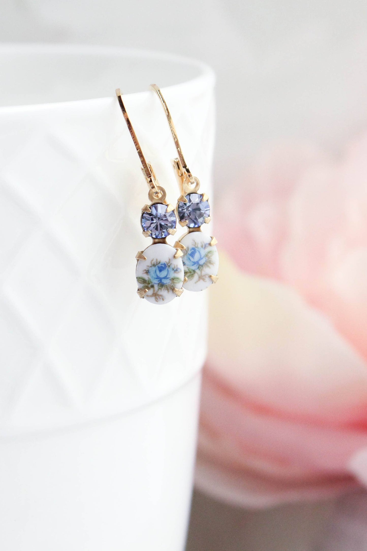 Little Blue Rose Cameo Earrings | Vintage Glass