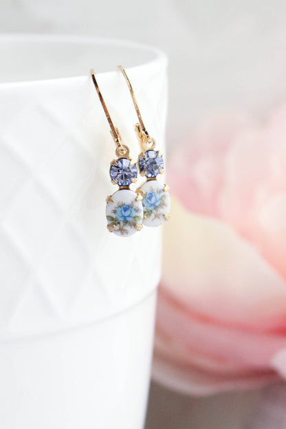 Little Blue Rose Cameo Earrings | Vintage Glass