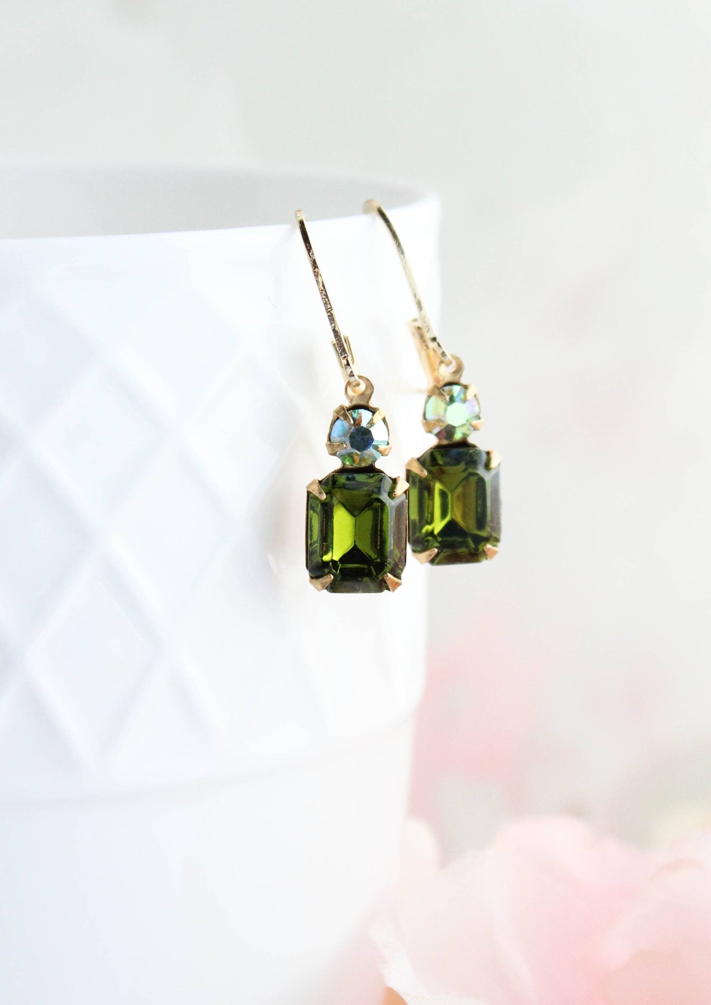 Small Drop Earrings | Olivine Green Glass and Gold Drops