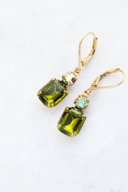 Small Drop Earrings | Olivine Green Glass and Gold Drops