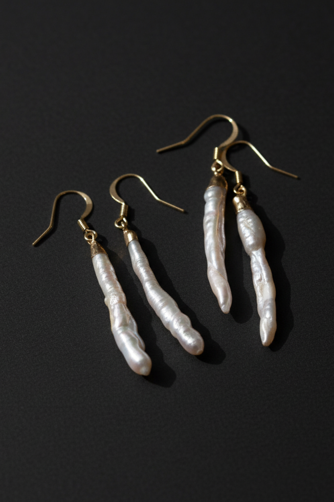 Long Biwa Pearl Dangle Earrings (1E46)