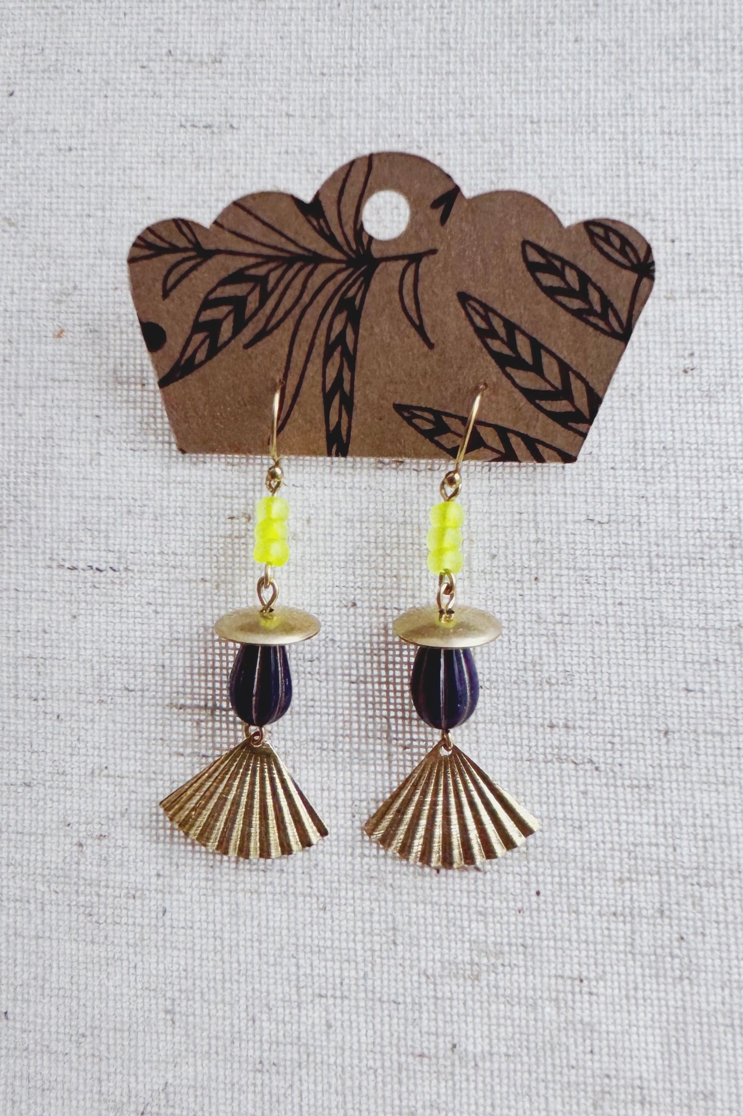 Beaded Czech Glass Earrings - Neon Yellow/Purple Teardrop