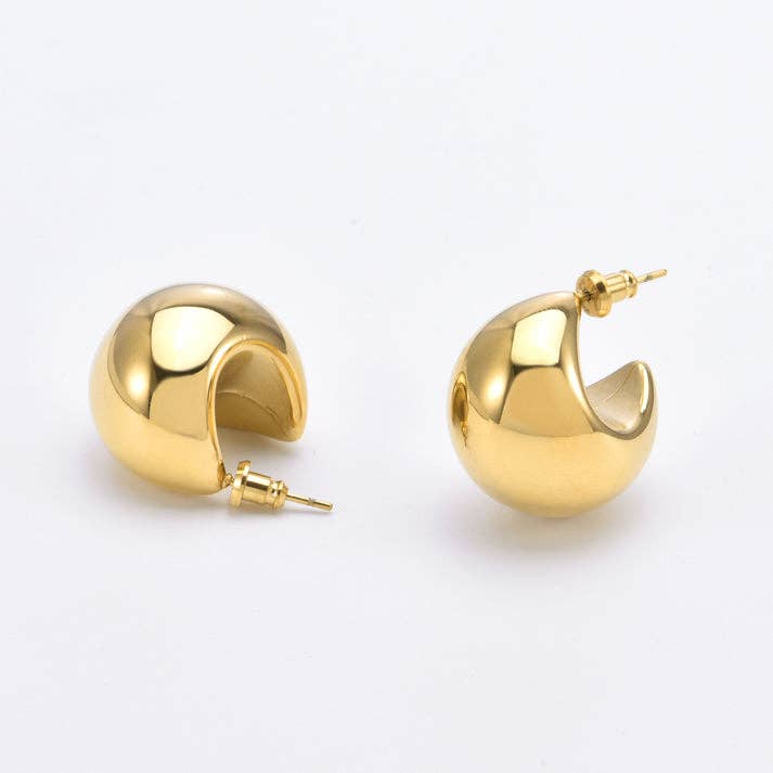 Puffy Hoop Crescent Moon Earring- PVD-Waterproof 14K