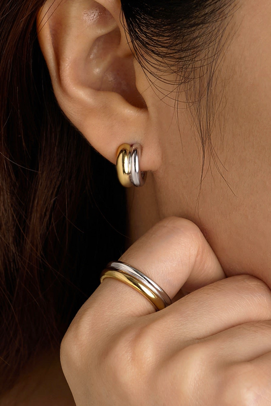 Puffy Double Hoop Earring | Steel Gold Huggie 