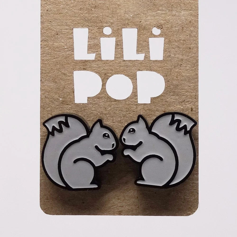 Grey squirrel-shaped earrings on a Lili Pop branded card