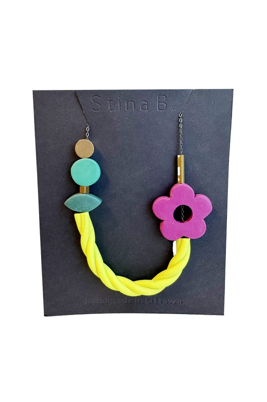 Green/ Neon Yellow/ Magenta - Abstract Polymer Clay & Brass Necklace
