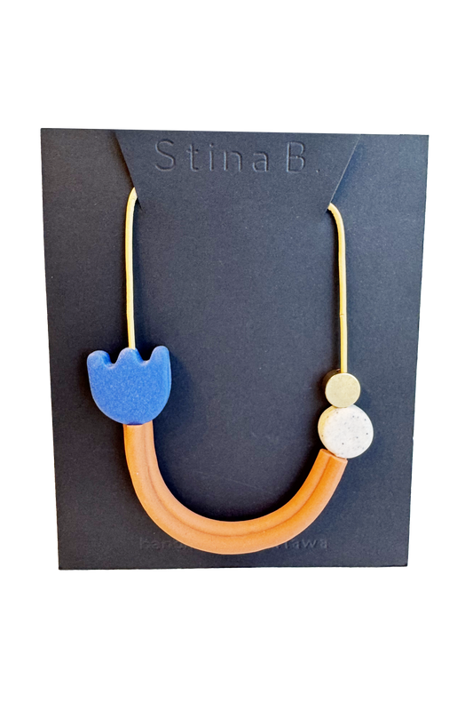 Cobalt/Terracotta/ Speckled cream - Abstract Polymer Clay & Brass Necklace