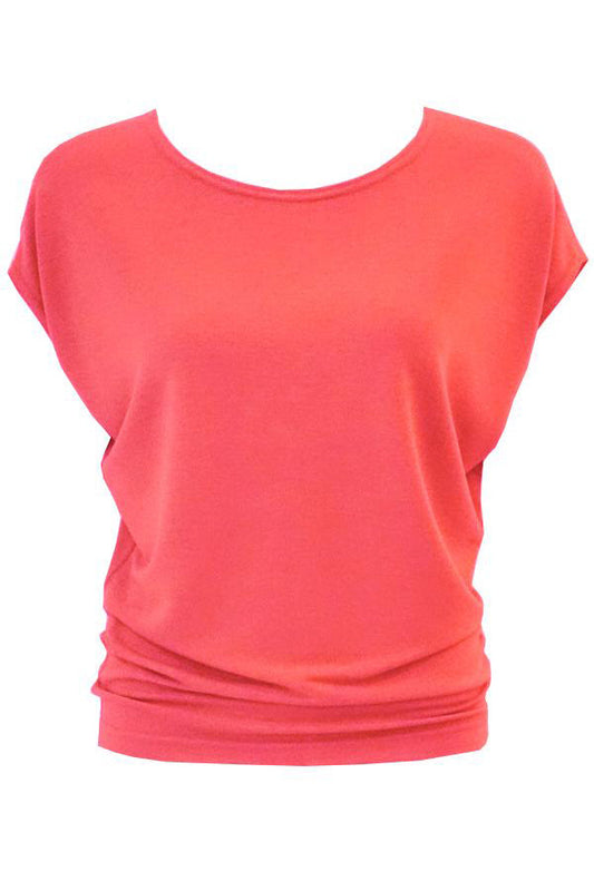 Charles Slouch Tee by Mandala, Coral-Rose, short sleeves, fitted band at waist, sizes XS to XL, made in Ontario